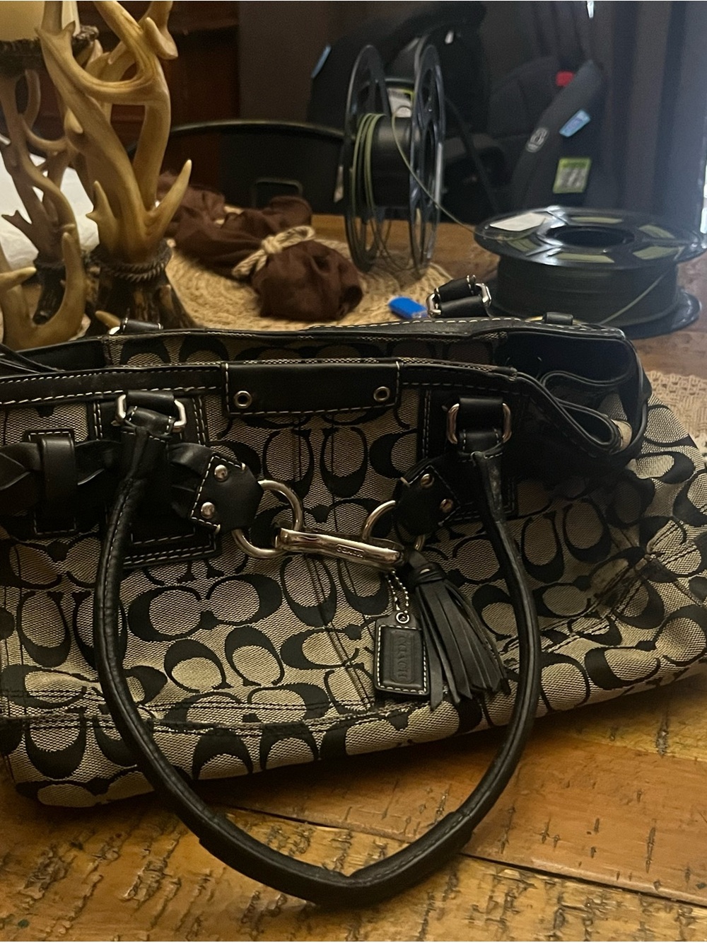 Coach Khaki and Black Signature Jacquard Shoulder Bag